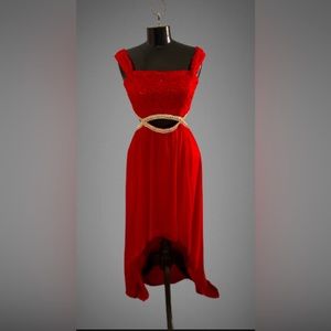 Floor length hi-low,red formal dress.